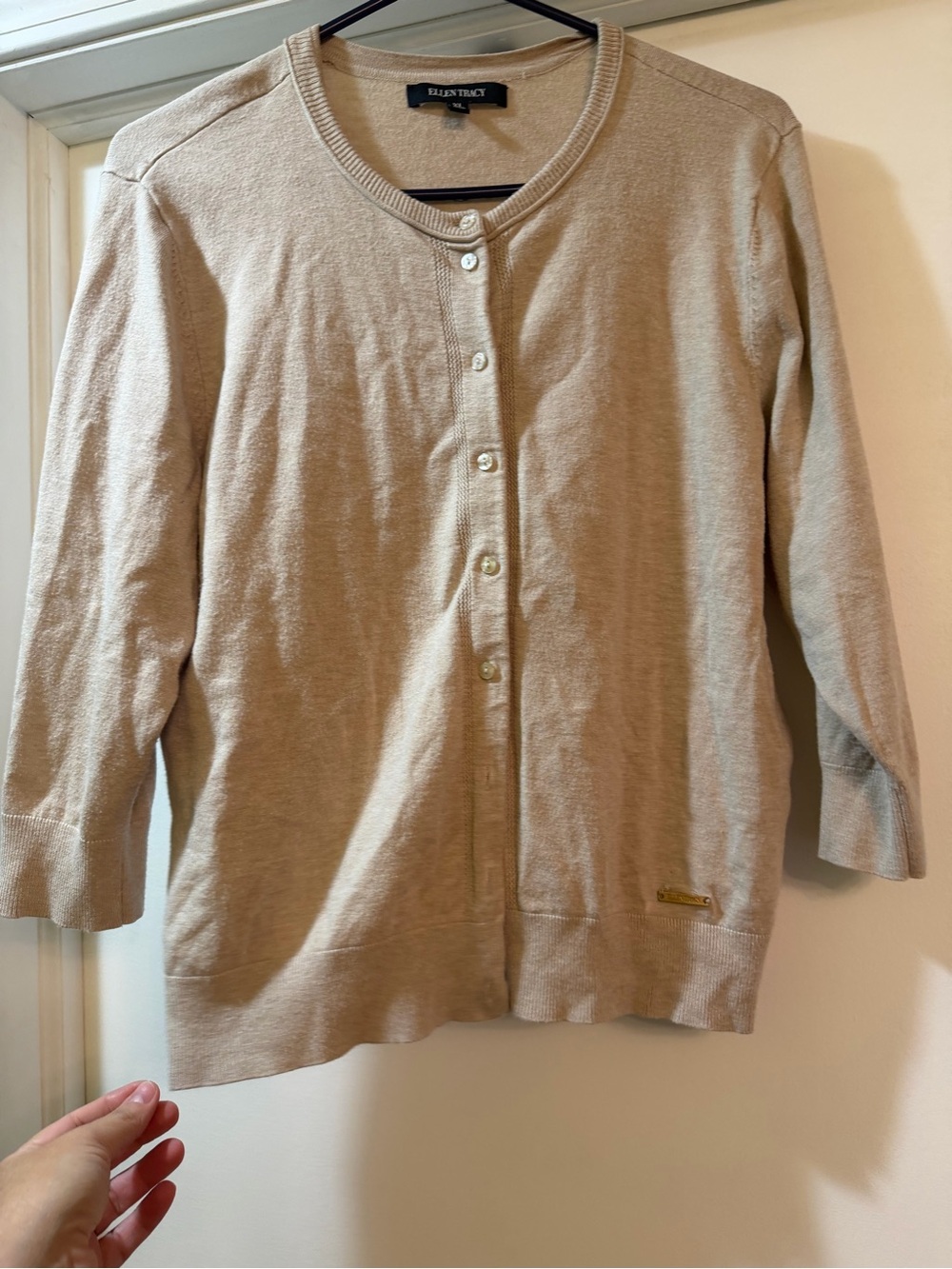 Ellen Tracy Beige Button-Front Crewneck Cardigan